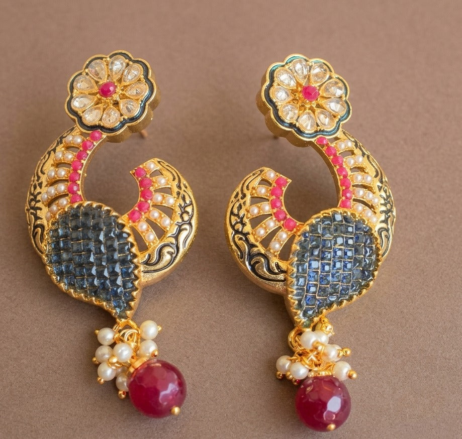 Gold tone AD Pink-blue Flower earrings-dj04480