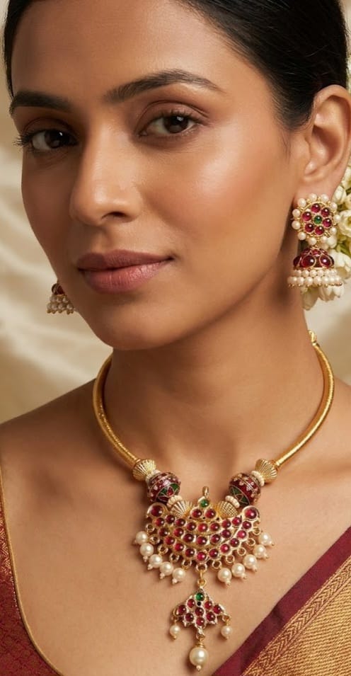 Gold tone Kemp-green pearl Hasli Necklace Set-dj04382