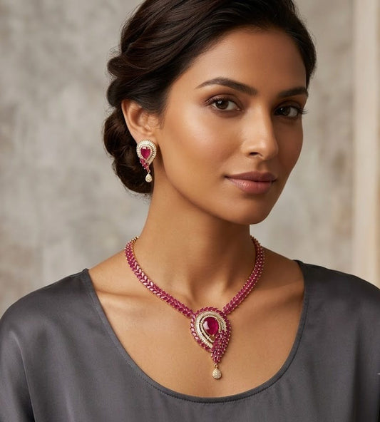 Gold tone cz ruby necklace set dj-03724