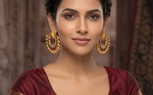 Gold Tone Ruby-blue Lakshmi Bali Earrings-dj04463