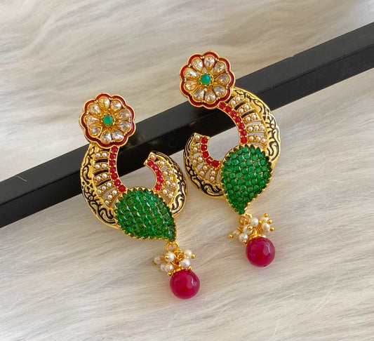 Gold tone AD Emerald-ruby Flower earrings-dj04479