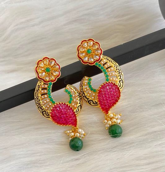 Gold tone AD Ruby-emerald Flower earrings -dj04478