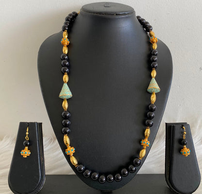 Gold tone black-turquoise beaded necklace set-dj04420