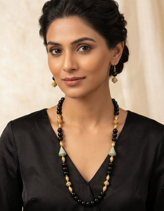 Gold tone black-turquoise beaded necklace set-dj04420