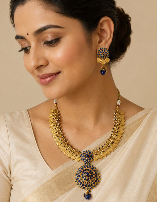Antique gold tone blue peacock coin necklace set-dj04158