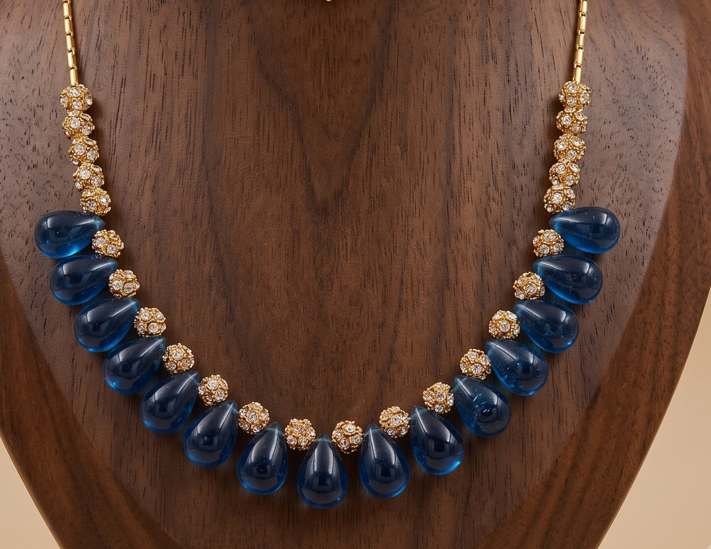 Gold tone Handmade Skyblue Drop Bead Necklace-dj04003