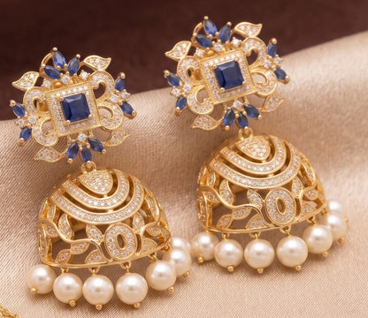 Gold tone cz blue pearl jhumkka dj01695