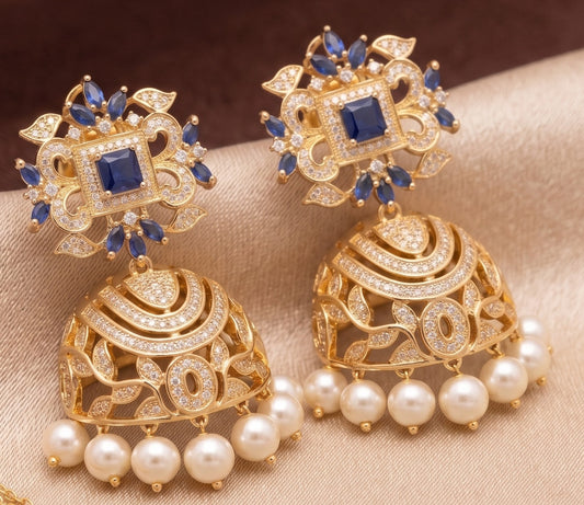 Gold tone cz blue pearl jhumkka dj01695