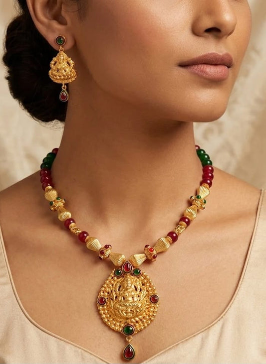Gold Tone Maroon-green Beaded Lakshmi Set DJ03691