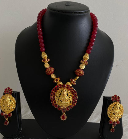 Gold tone maroon lakshmi necklace set dj-03696