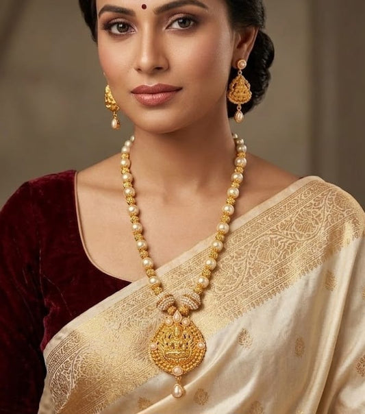 Gold tone pearl lakshmi necklace set dj-03702