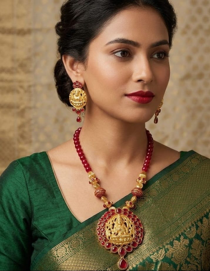 Gold tone maroon lakshmi necklace set dj-03696
