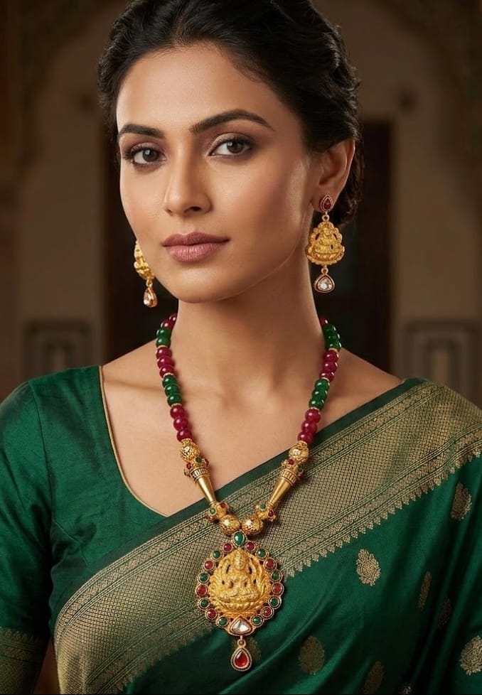 Gold tone maroon-green lakshmi set dj-03693