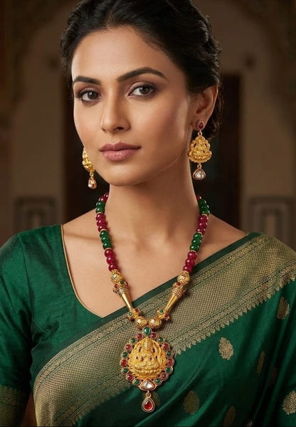 Gold tone maroon-green lakshmi set dj-03693