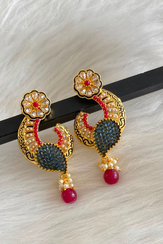 Gold tone AD Pink-blue Flower earrings-dj04480