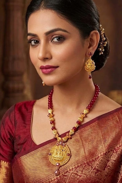 Gold tone maroon lakshmi necklace set dj-03697