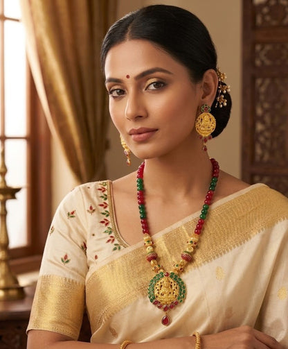 Gold tone maroon-green lakshmi set dj-03695