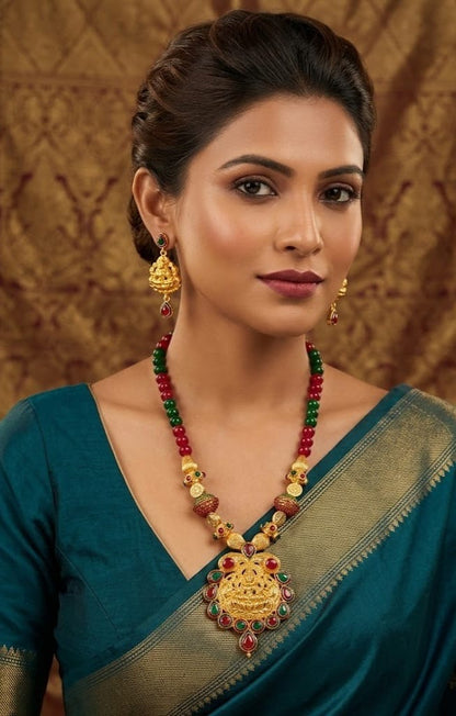 Gold tone maroon-green beaded Lakshmi set dj-03688