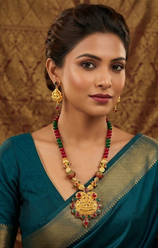 Gold tone maroon-green beaded Lakshmi set dj-03688