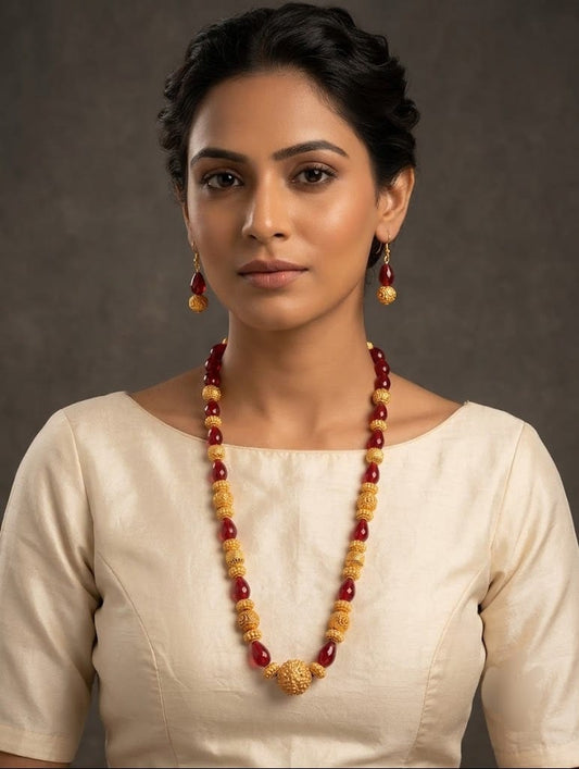 Matte finish maroon beaded necklace set dj-03656