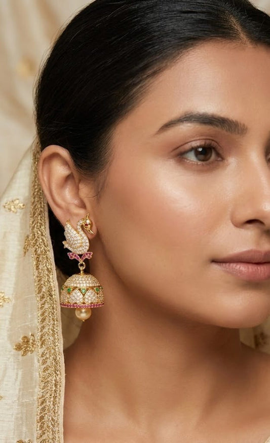 Gold tone cz ruby-green-white big swan jhumkka dj-03617