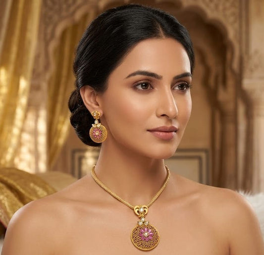 Gold plated kundan necklace set dj-03607
