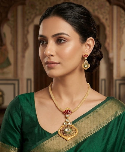Gold plated real kundan red necklace set dj-03600