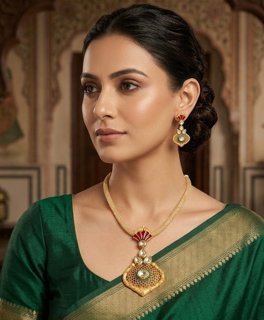 Gold plated real kundan red necklace set dj-03600