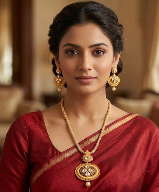 Gold plated real kundan red necklace set dj-03598