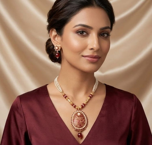 Gold tone maroon pachi pendant pearl necklace set dj-03561