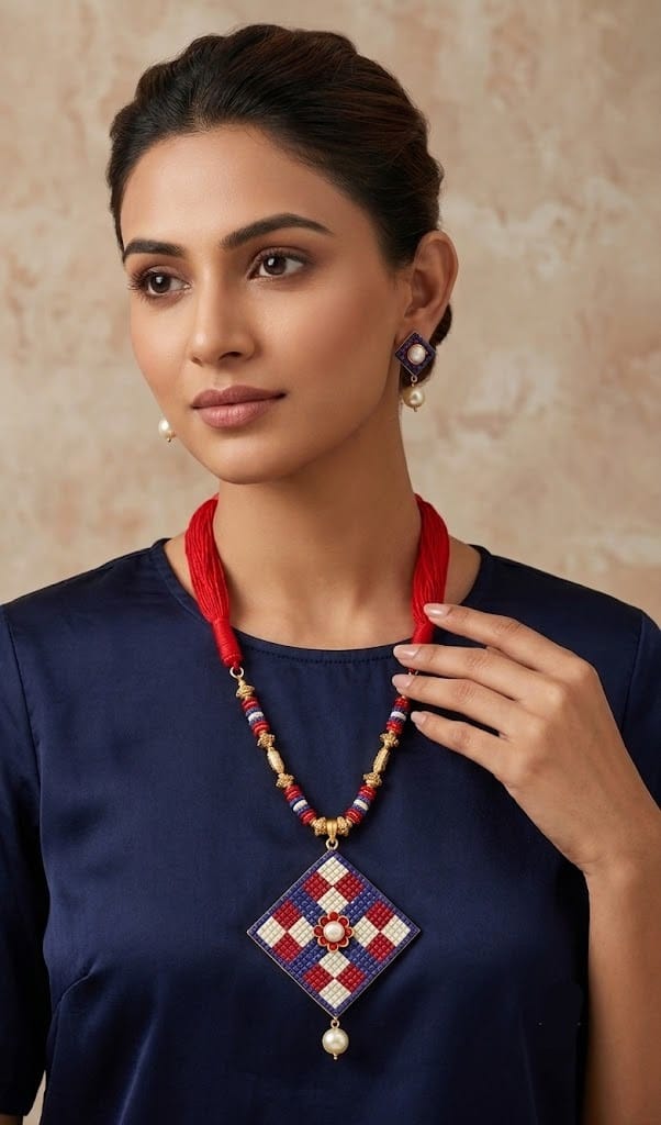 Gold tone Handmade red-blue Pachi pendant necklace set dj-03570