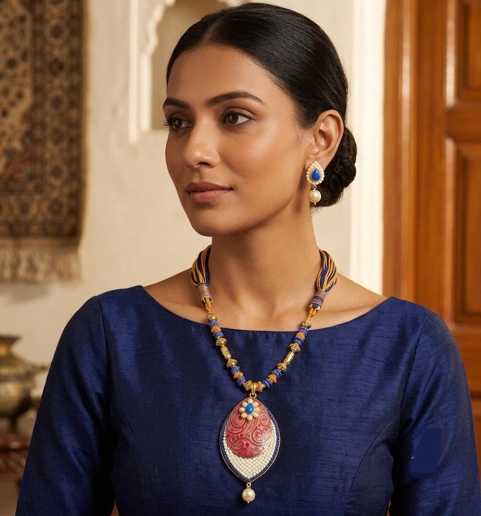 Gold tone handmade yellow-blue pachi pendant thread necklace set dj-03564