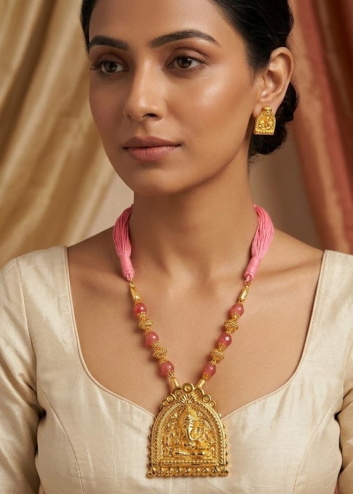 Gold tone handmade baby pink Ganesha necklace set dj-03562