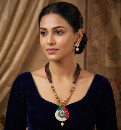Gold tone multicolor pachi pendant thread necklace set dj-03566