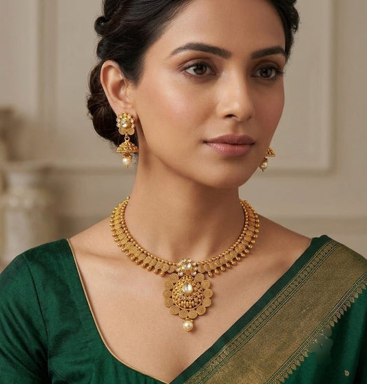 Antique gold tone kundan pearl necklace set dj-03516