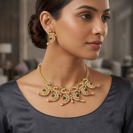 Antique pearl-green peacock necklace set dj-03505