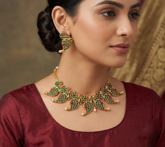 Antique green-pink peacock necklace set dj-03504