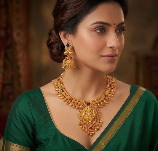 Antique gold tone kemp-blue Lakshmi necklace set dj-03499