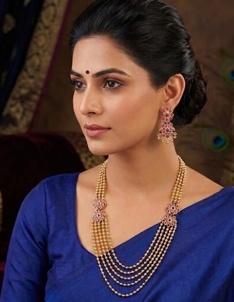 Gold tone ruby-emerald mugappu multilayer chain set dj-03496
