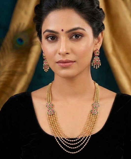 Gold tone ruby-blue Multilayer mugappu chain set dj-03495