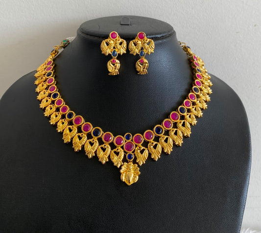 Gold tone ruby-blue peacock necklace set dj-03503