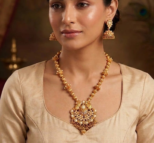 Antique gold tone Pearl beaded Peacock Necklace Set-dj03481
