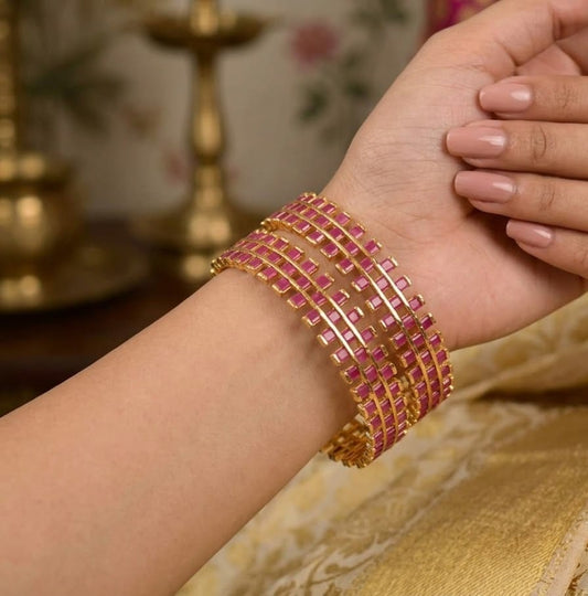 Gold tone Ruby square stone Bangles (2.4) dj-03431