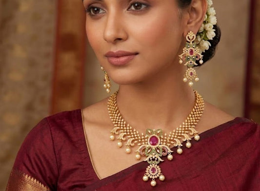 Gold tone cz-ruby-emerald flower necklace set dj-03453