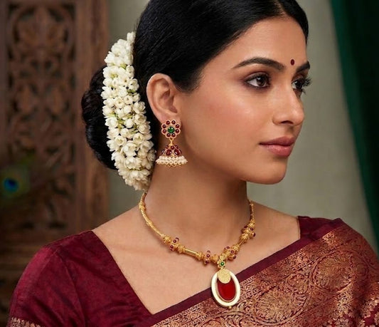 Gold tone Handmade Palakka Red Necklace Set -dj03375