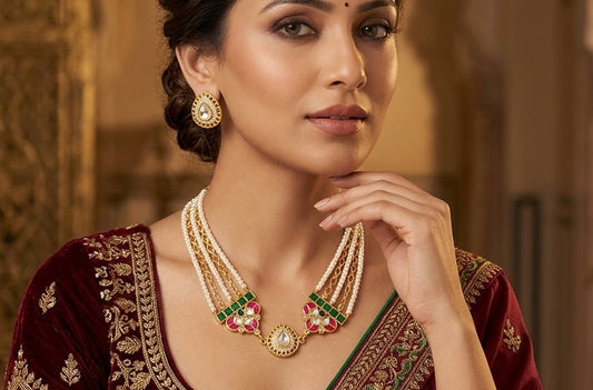 Gold tone kundan jadau pearl choker necklace set dj-54182