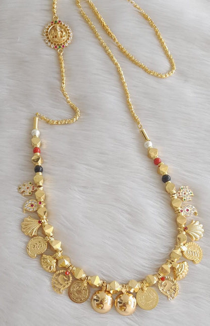 Gold tone black-coral-pearl beaded bottu lakshmi coin mango mangalyam with lakshmi mugappu dj-42834