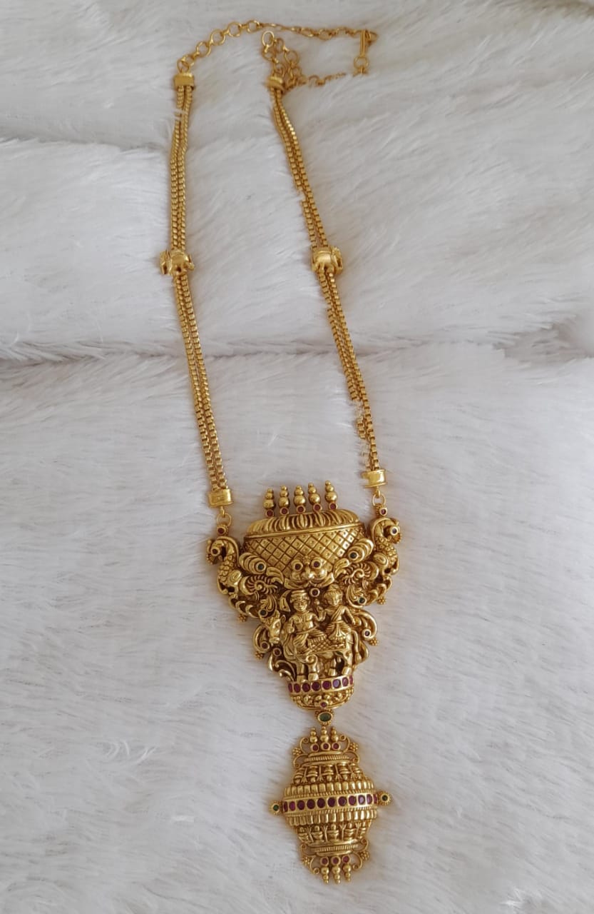 Antique gold tone kemp-green uma-maheshwar temple pendant elephant haar dj-50500