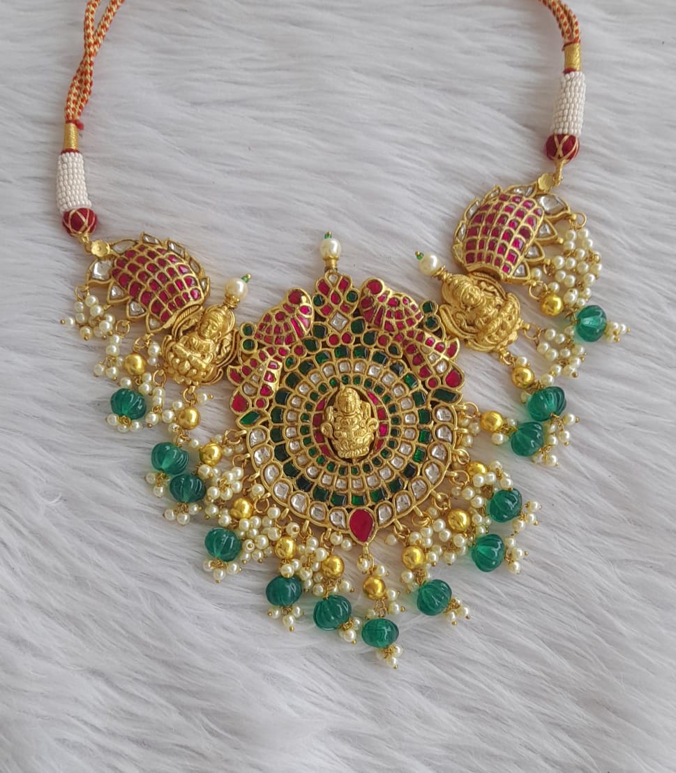 Gold tone pink-green-white kundan jadau Lakshmi-peacock necklace dj-37738