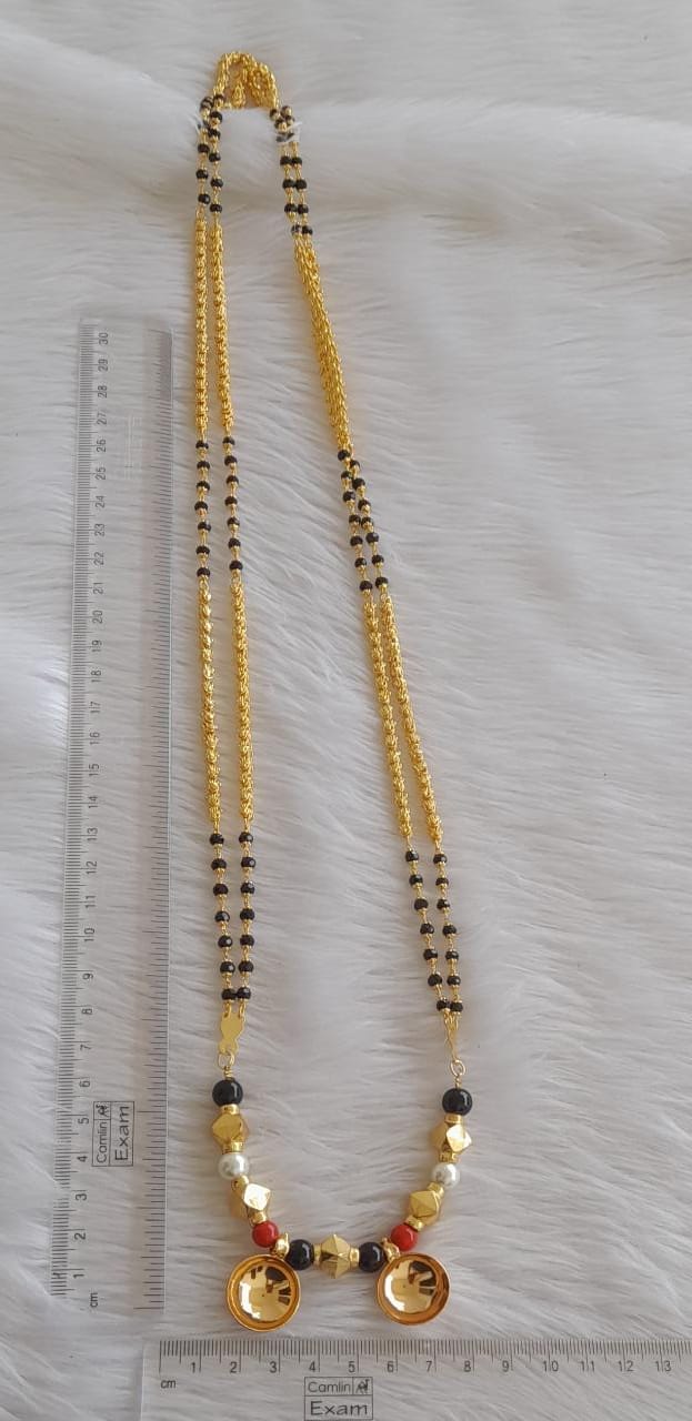 Gold tone 30 inches karimani chain with coral-pearl-black beaded bottu ...